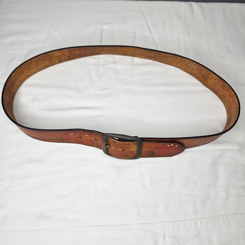 Vtg‎ TexTan Tooled Leather Mushroom Butterfly Belt Brown Wide Boho 38 1652-M